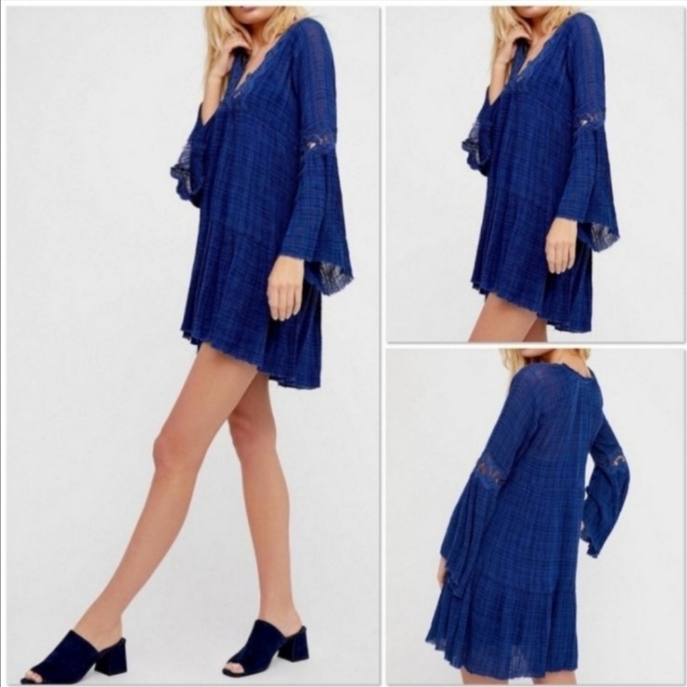 Free People One Marishka Tiny Tent Blue Gauze Tunic Size Medium Flawed - Picture 2 of 9